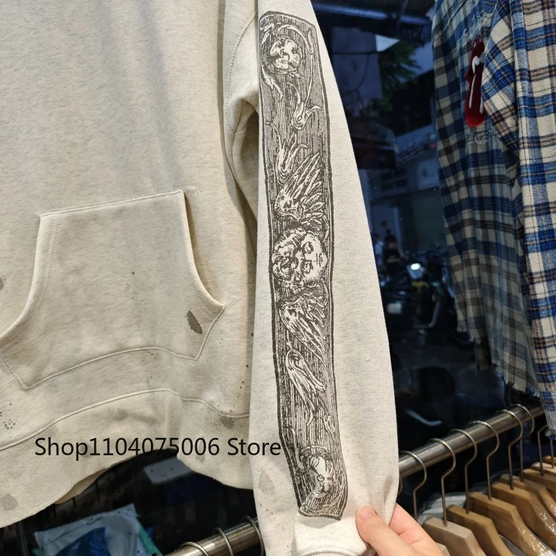 Saint Retro Graffiti Print Hooded Sweatshirt Men Loose Fit Casual Streetwear Autumn Winter