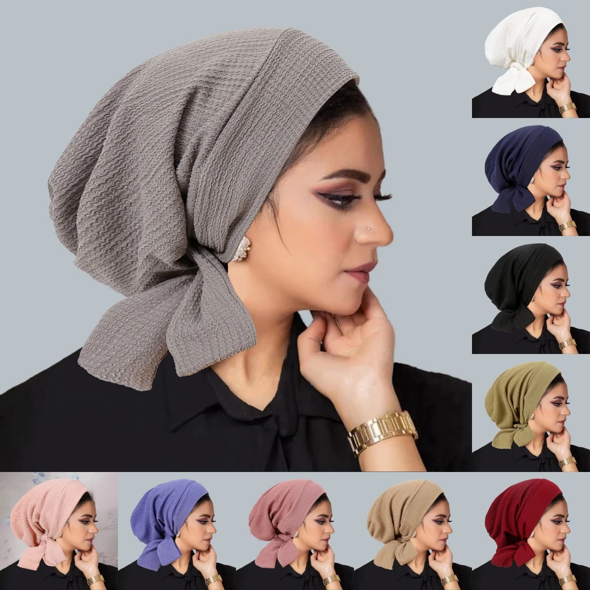 

2026 New Solid Color Crinkle Turban Hijab Hats Long Tail Head Wraps Elastic Muslim Hats Breathable Chemo Cap For Women Girls