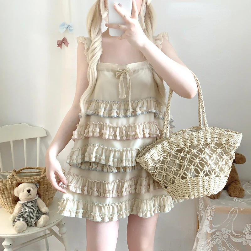 Sweet Lolita Style Skirts Sets Woman Japanese Kawaii Ruffles Bow Vest Tops Cute Mini Cake Skirts Korean Fashion Gothic Y2k Suit