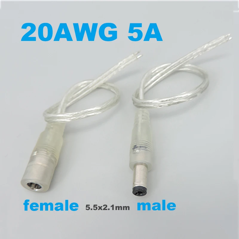 0.2m 20AWG 5A transparent DC Female Male Power Adapter Pigtail Cable 5.5x2.1mm 5v 12V Connector Extension Cord For LED Strip u