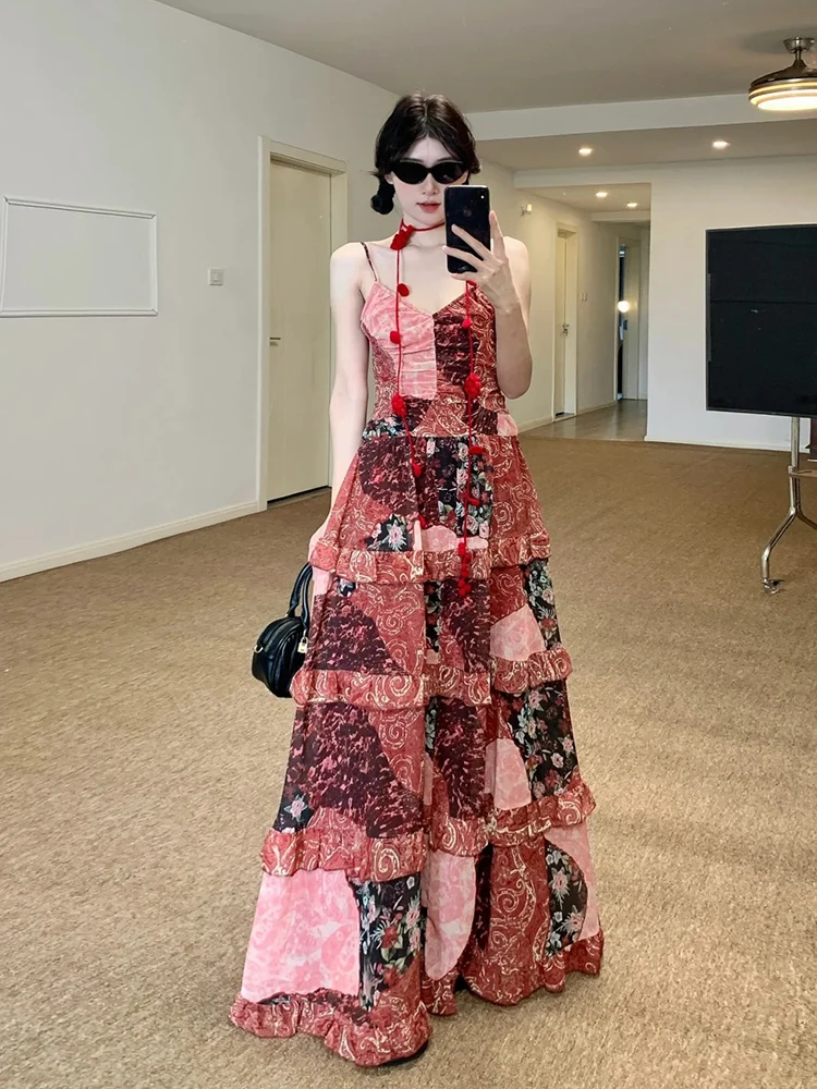 Elegância francesa emendado floral com decote em v sem mangas halter em camadas vestido feminino doce chique impressão praia férias estilo roupas de verão