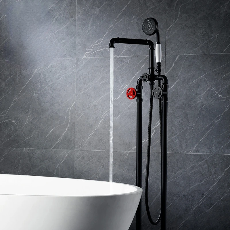 Grifo de ducha de baño con borde de bañera de cobre, juego de baño de suelo de estilo industrial retro negro