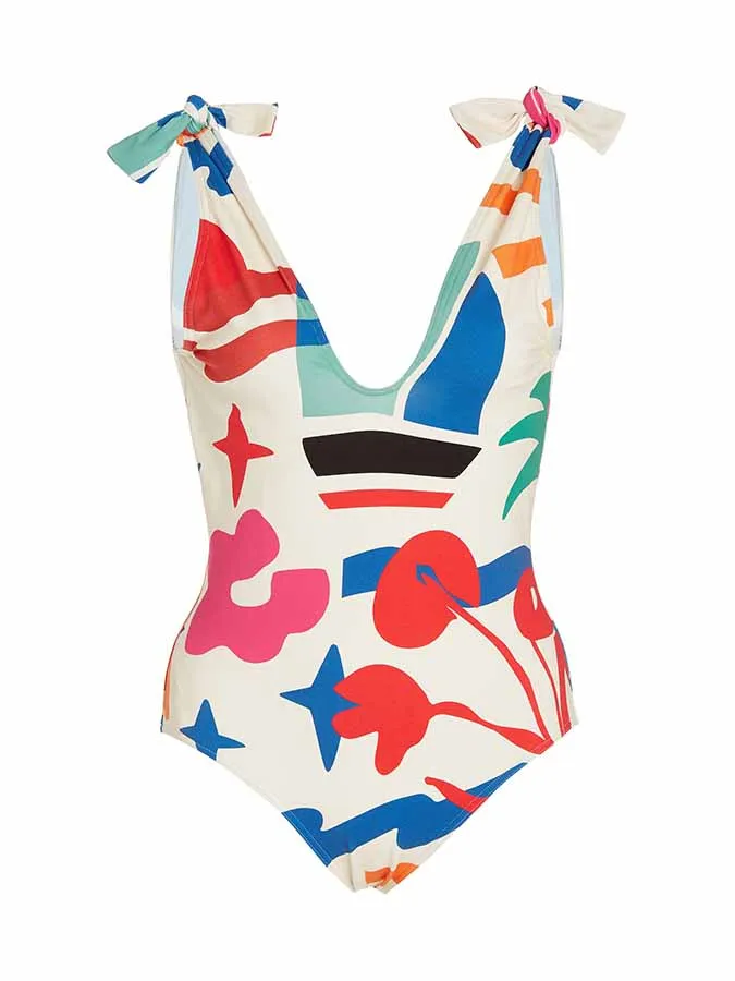 Farbe Kontrast farbe Damen Bikini Mode Cartoon Blumen druck Schnürung einteiligen V-Ausschnitt Sommer neuen Strand Trend Badeanzug