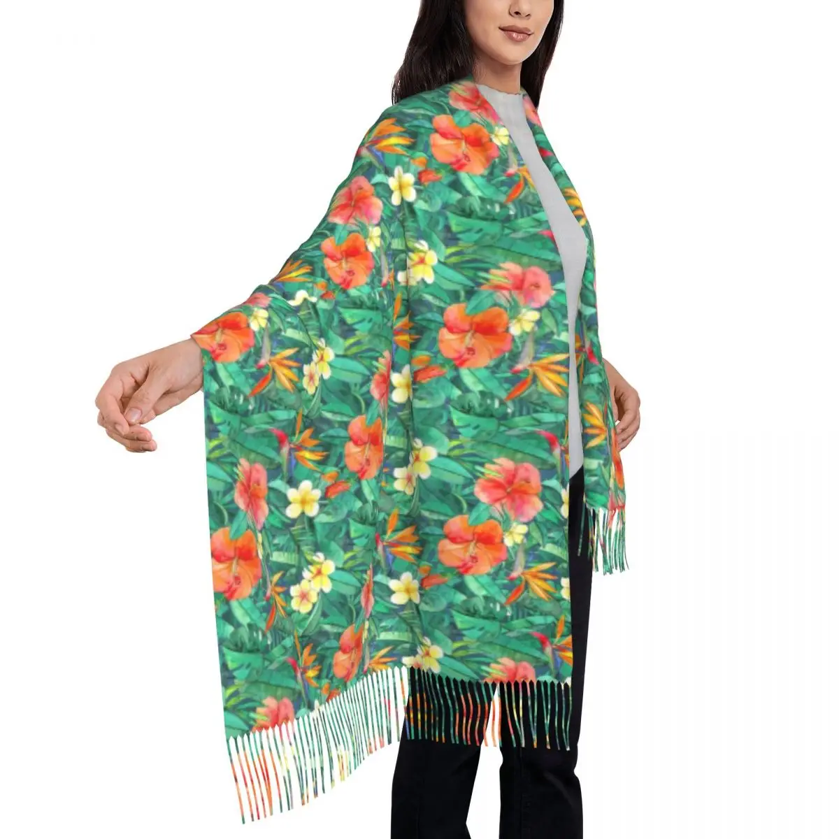 Bright Flowers Scarf Classic Tropical Garden Warm Soft Shawls and Wraps with Tassel Women Popular Large Scarves Winter Foulard