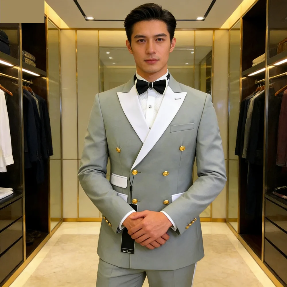 

Men's Solid Formal Business Terno Set of 2 Peak Lapel Double Breasted Blazer with Pants for Wedding Intel