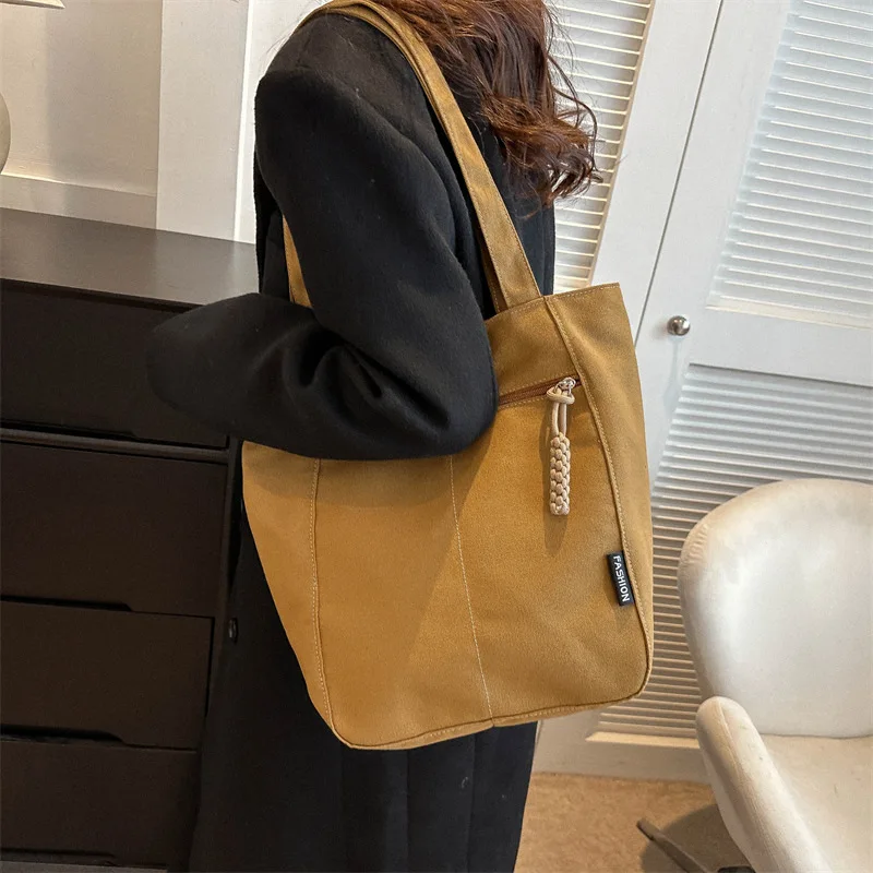 

Fashion Leisure Art Student Handbag Solid Vintage Canvas Shoulder Bag Large Capacity Commuter Women Tote Bag