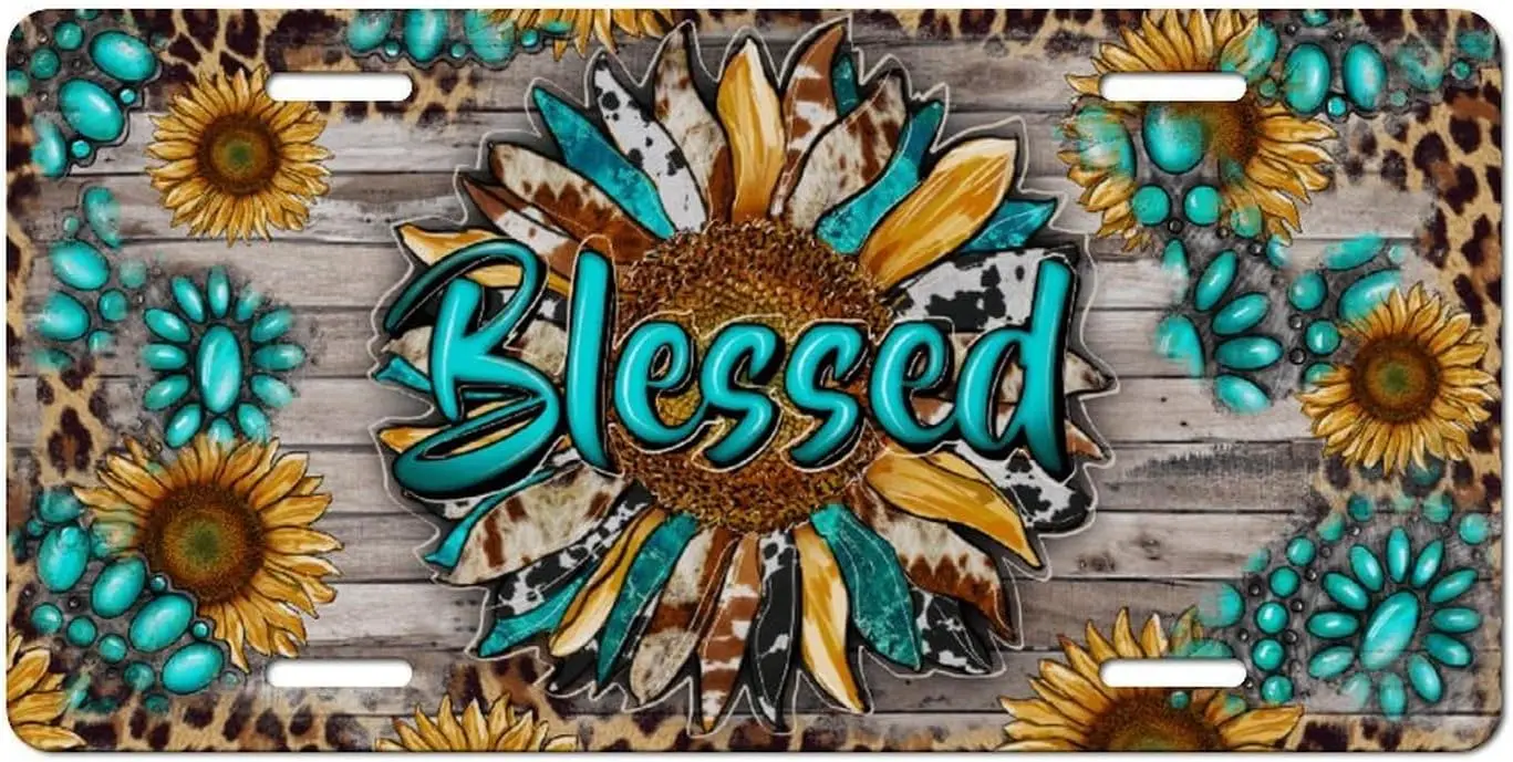 

Blessed Sunflower License Plate Turquoise Teal Leopard Rustic Floral Car Tag Western Cowgirl Aesthetic Decorative Front Plate