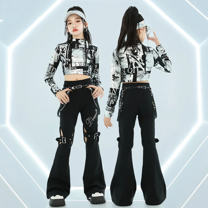 Girls Jazz Dance Performance Clothes Fashion Crop Tops Flared Pants Kids Team Hip Hop Dance Clothing Modern Street Wear BL14471