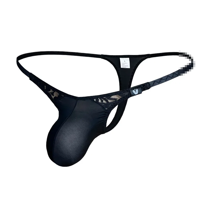 Men Large Bulge Pouch Lace Thong Underwear Sheer Color Block Low Waist Sexy Breathable Panties