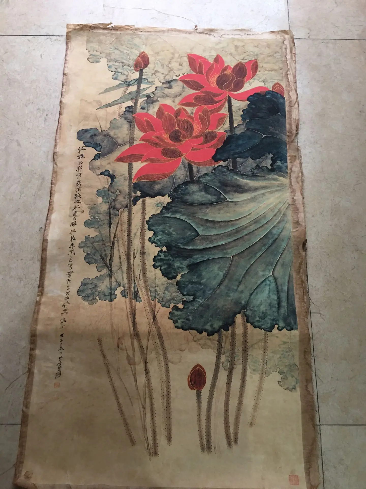 

Chinese Old Scroll Zhang Daqian - Golden thread lotus Pictures Painting Rice