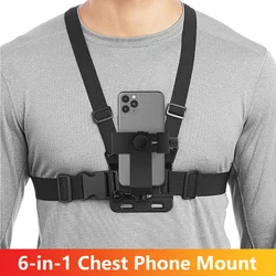 6-in-1 Chest Strap Mount Phone Clip Holder For iPhone Samsung Huawei Smartphones GoPro SJCAM AKASO Insta360 Osmo Action Camera