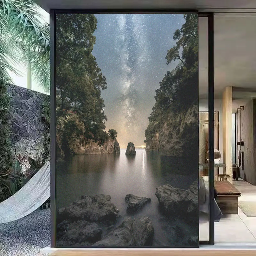 Privacy Window Film Water Night Sky Pattern Frosted Glass Door Flim Sun Blocking No Glue Static Cling Glass Window Sticker