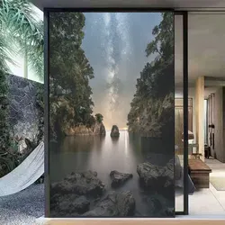 Privacy Window Film Water Night Sky Pattern Frosted Glass Door Flim Sun Blocking No Glue Static Cling Glass Window Sticker