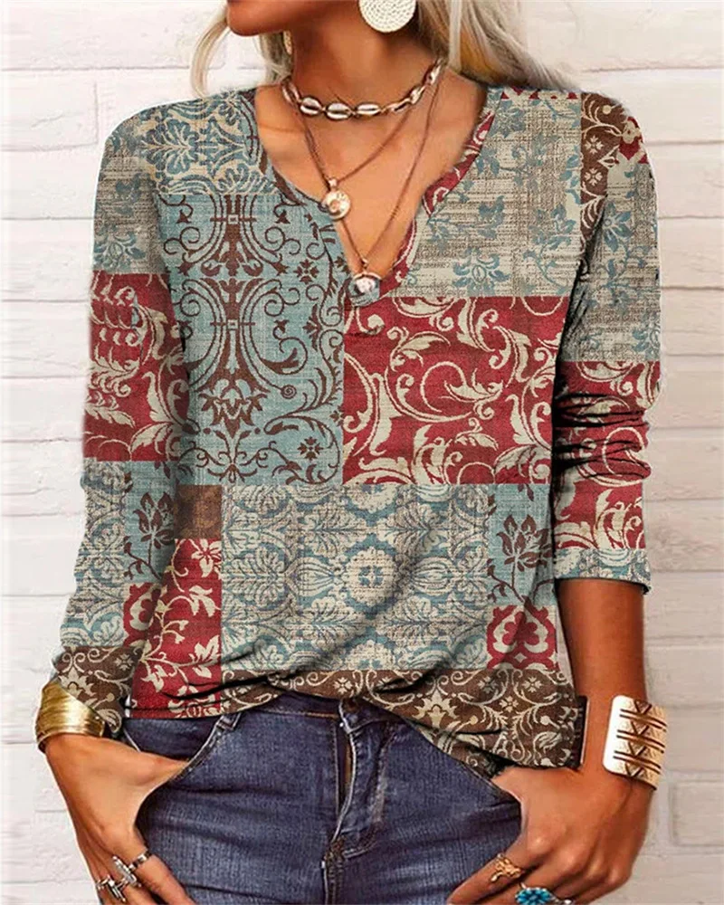 

Summer Elegant Long Sleeve Vintage Shirt Tops Autumn Blouses For Women Fashion Print 2025 Female Clothing Streetwear Tees