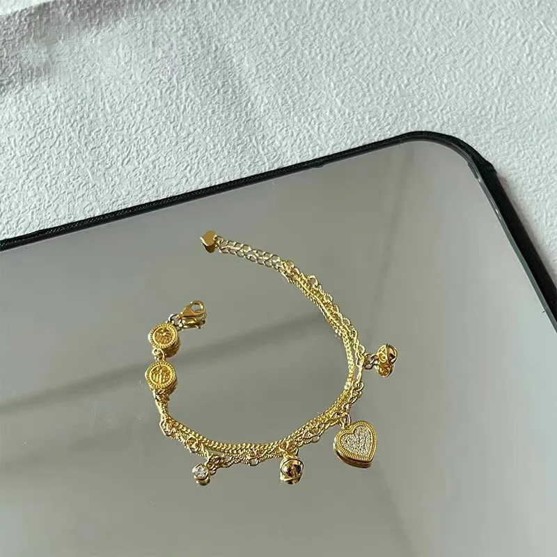Classic double-layer diamond inlay heart-shaped bracelets for women light luxury small bell adjustable chain bracelet jewelry