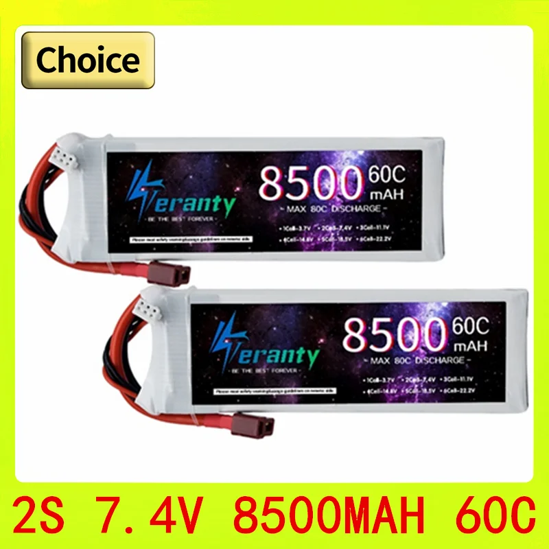 Teranty 7.4V 60C 8500mAh 2S Lipo Battery with T/XT60 Plug Cars Battery for RC Car Boat Truck Helicopter Airplane Racing Models