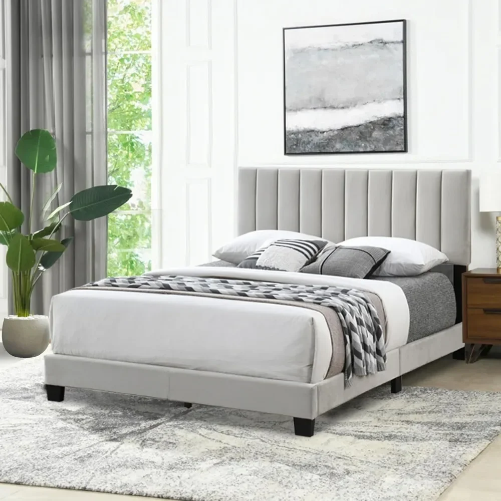 Bed Frame Queen Size Platform  Headboard & Wooden Slats - Sturdy Upholstered Platform Mattress, Noise-Free & Easy to Assemble