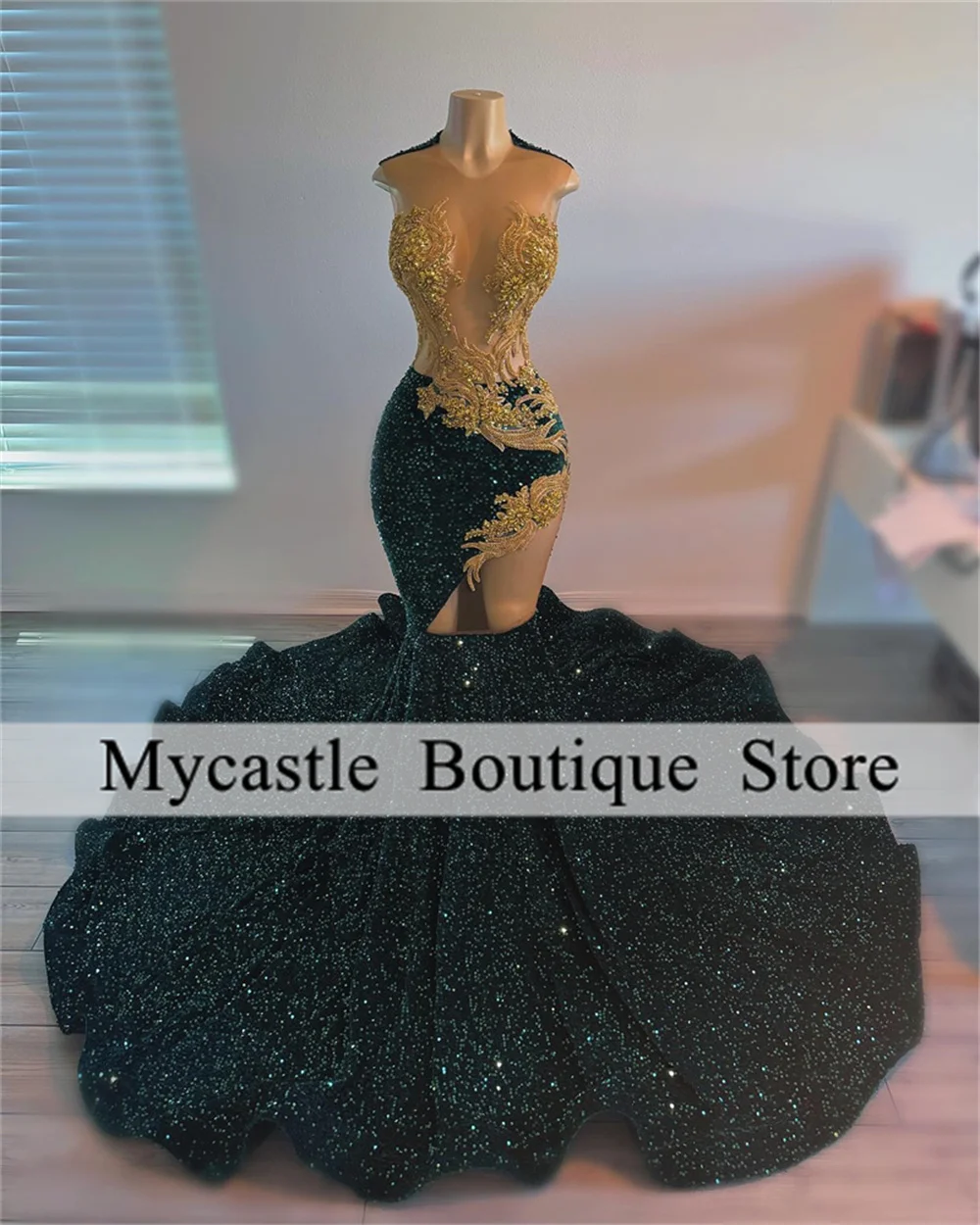 Emerald Green Velvet Sequin Prom Dresses For Black Girls 2026 Gold Beaded Lace Applique Birthday Dress Evening Dress Customized