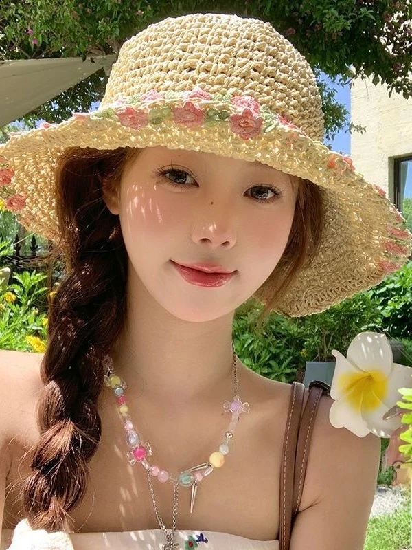 summer-beach-vacation-floral-woven-straw-hat-women's-large-brim-sunshade-sun-hat-breathable-high-quality-unisex-plant-floral