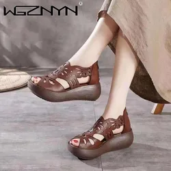 Summer Designer Sandals Women 2024 New Genuine PU Leather Ladies Sandals Platform Womens Shoes Casual Retro Open Toe Shoes Women