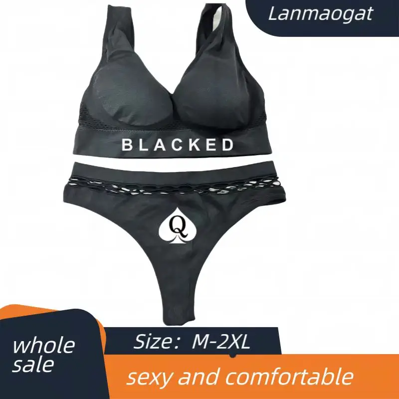 Conjunto de ropa interior cómoda y suave con sujetador y bragas NEGRO para mujer, conjuntos de sujetador femenino Spade of Queen QOS, talla asiática
