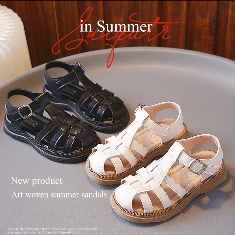 2024 Summer New Kids Sandals Girls Vintange Weave Solid Closed Toe Roman Sandals Children Soft Sole Princess Beach Outdoor Shoes