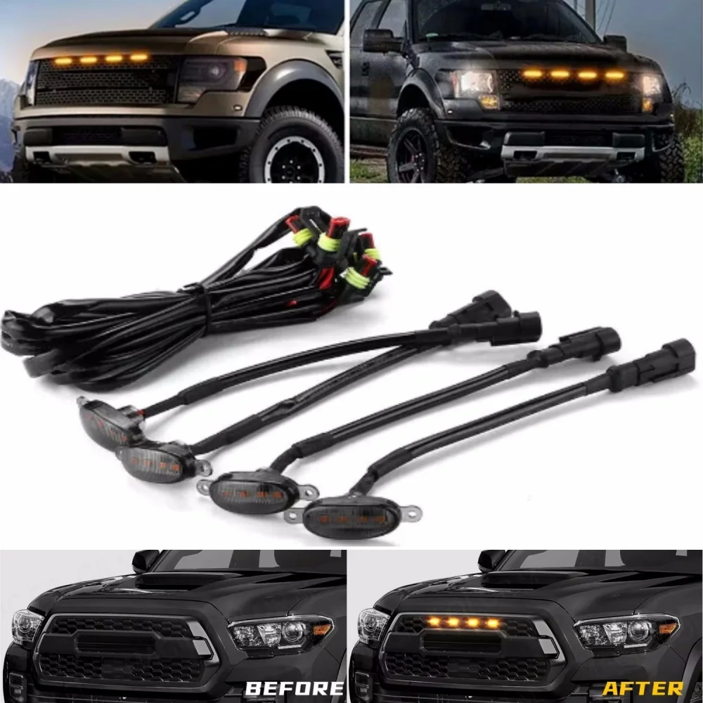 Universal Car Front LED Grille Light Smoked Amber White 12LED Grill Light Eagle Eye Lamp for Off Road Trunk SUV Ford Toyota 12V