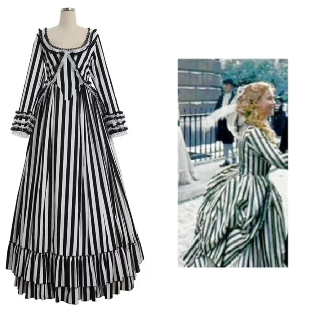 

Movie Sleepy Hollow Katrina Van Tassel Cosplay Costume Black And White Striped Dress Medieval Victorian Gothic Ball Gown