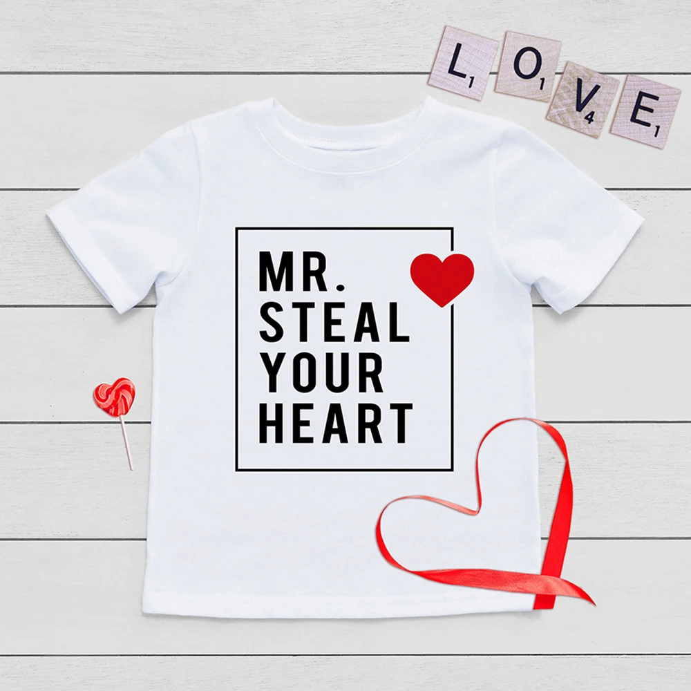 Mr. Steal Your Heart Print Kids Shirt Valentine's Day Party Child Outfit T-shirt Boys Girls Short Sleeve Tee Toddler Clothes Top