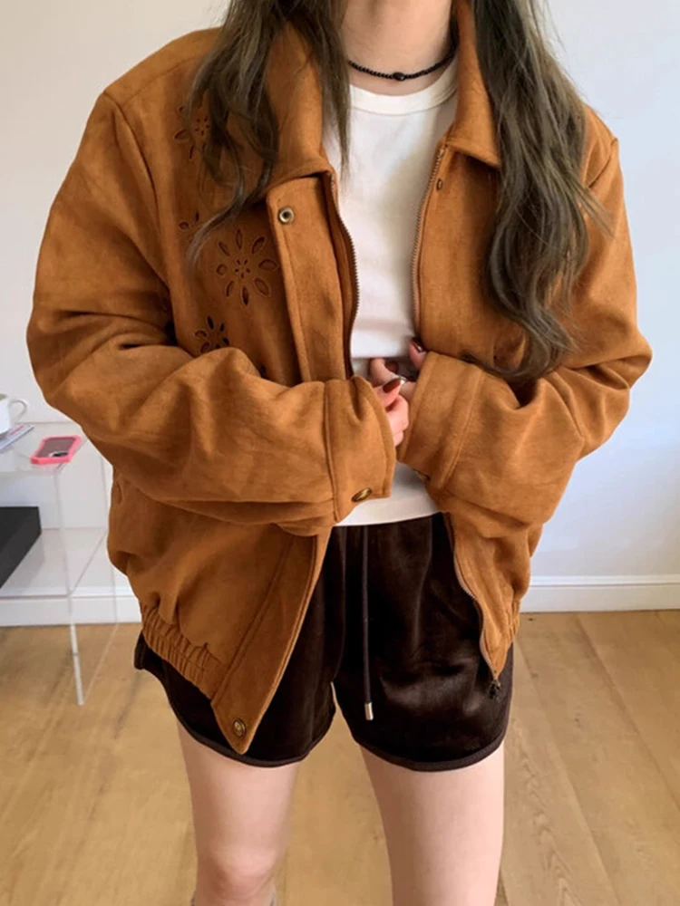 Women's Korean Chic Vintage Suede Jacket Autumn Heavy-Duty Laser-Cut Floral Coat Elegant Caramel Brown Oversized Flower Jacket
