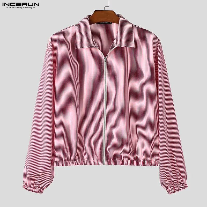 

INCERUN мужские полосатые куртки с лацканами и длинными рукавами на молнии, повседневные мужские пальто, уличная одежда, 2025 г., свободные модные укороченные куртки для отдыха, мужские куртки