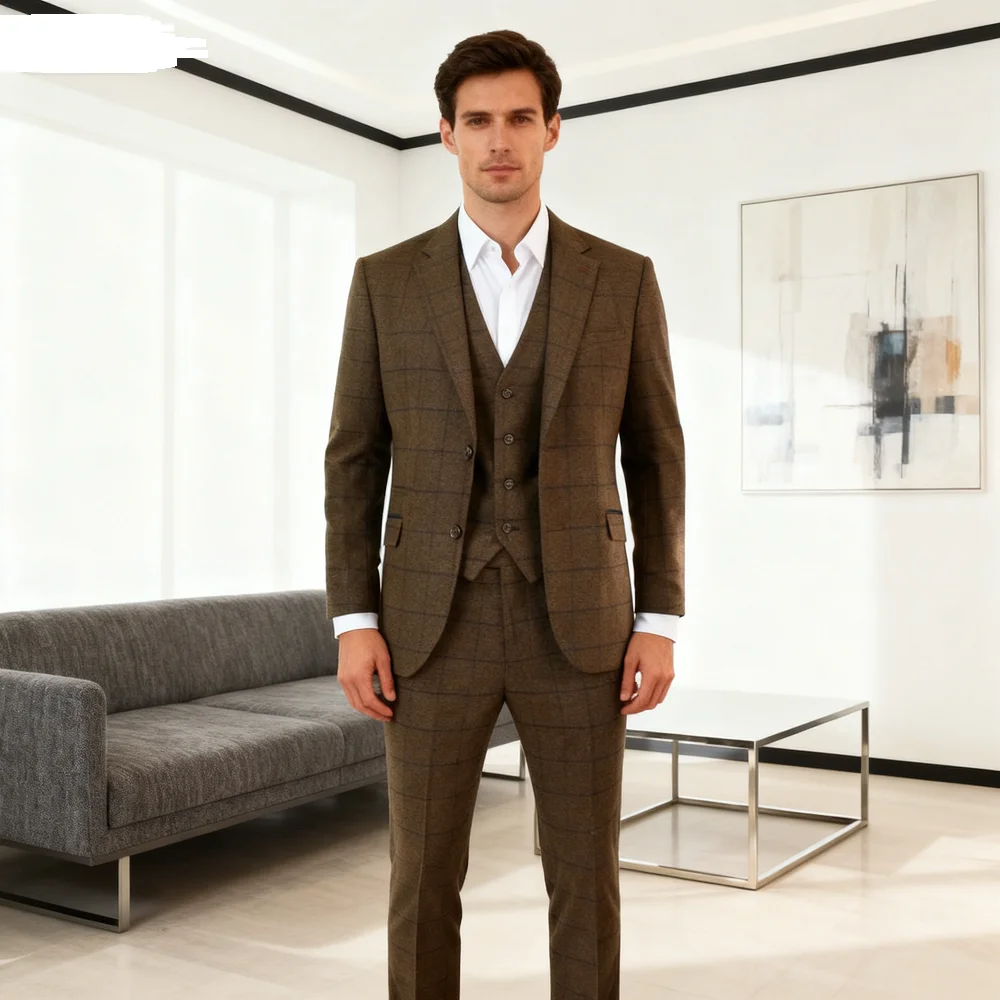 

Men's Brown Tweed 3-Piece Formal Suit Slim Fit Wedding Groomsmen Confirmed Smoking Notch Lapel Business Party Ternos Masculinos