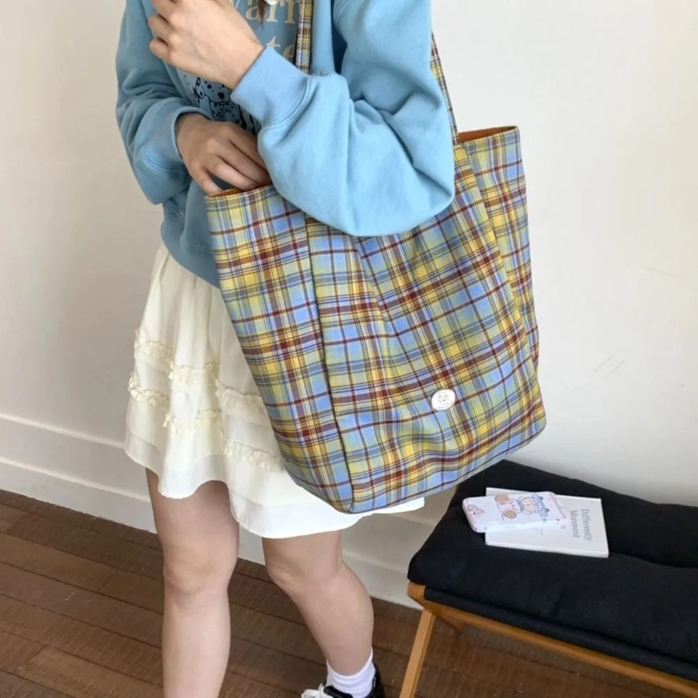 

Portable Japanese Style Plaid Canvas Tote Bag Leisure Cloth Double Sided Shoulder Bag Versatile Commuting Lattice Handbag Travel