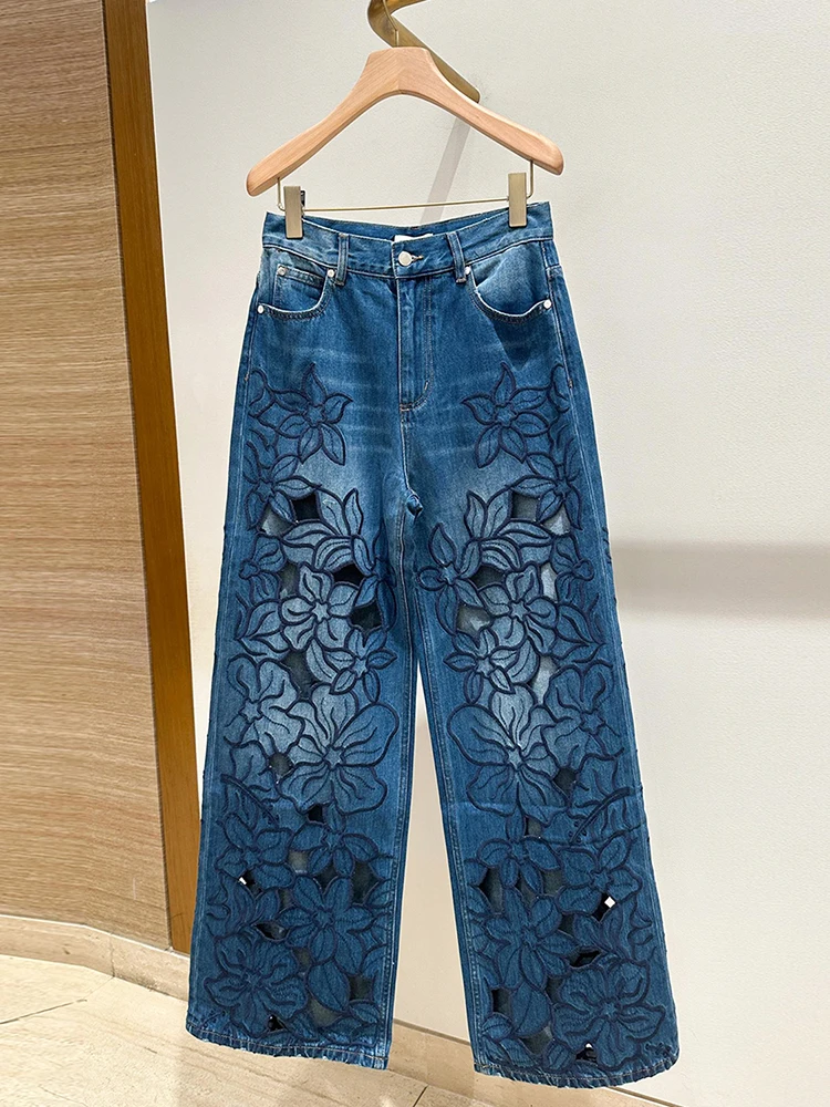 

Женские джинсовые брюки с высокой талией и цветочной вышивкой, повседневные широкие брюки с вышивкой, джинсовые синие