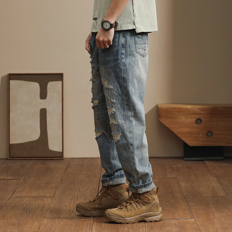 European and American loose Harem pants spring and summer distressed patches casual and versatile ripped baggy jeans for men