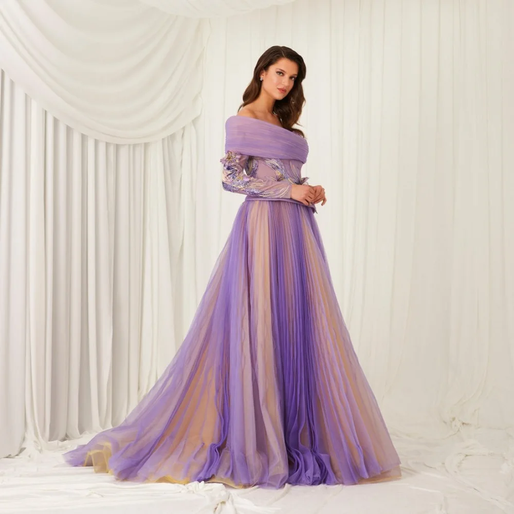 Elegant Lavender One Shoulder A-line Pleated Tulle Long Prom Dresses Delicate Appliques Formal Party Dress Bridal Gowns