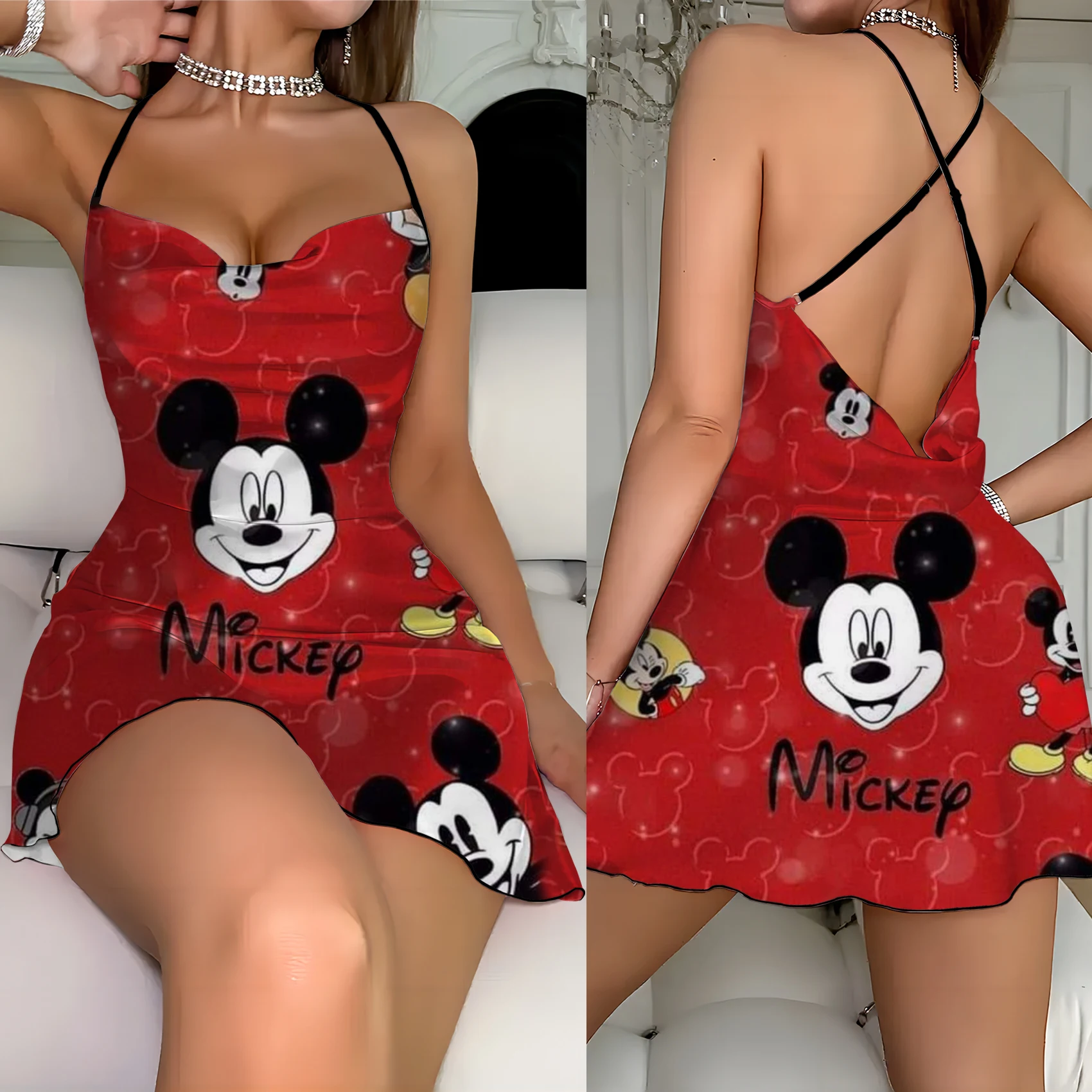 

Crew Neck Cross Suspender Dress Lettuce Trim Mickey Elegant Dresses for Women Minnie Mouse Disney Fashion Summer 2024 Backless