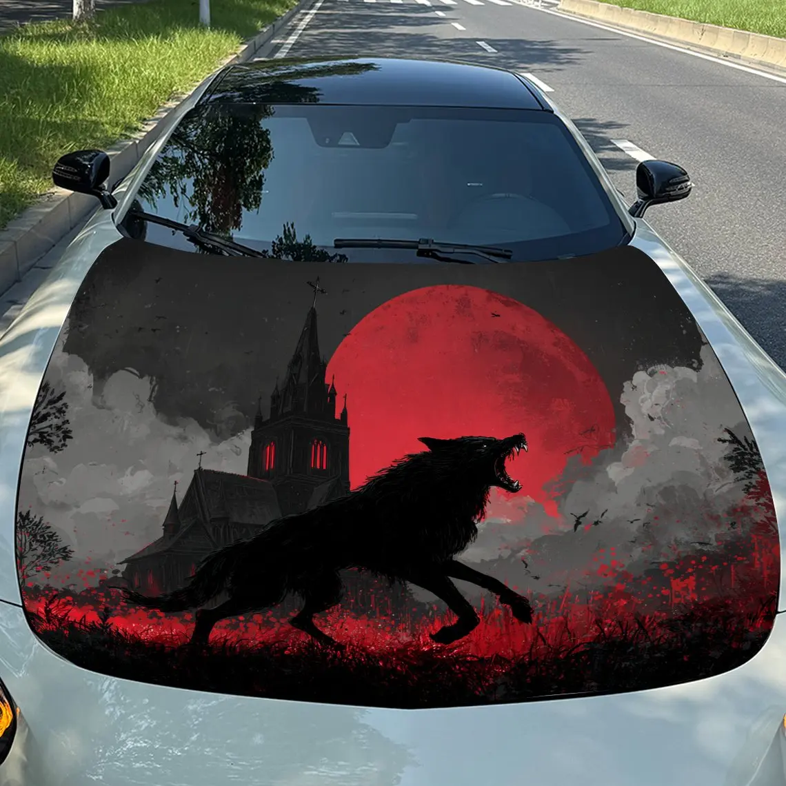 

Silhouette of the Red Moon Wolf and the Castle Car Vinyl Wrap, PVC Waterproof Car Hood Sticker, Self-Adhesive Scratch-Resistant