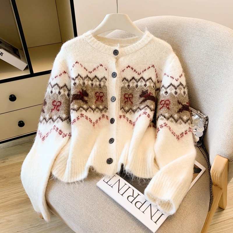 

New Elegant Pixel Dog Embroidery Sweater For Women's Autumn Winter Versatile Wool Knitted Cardigan Sweet Casual Top Coat