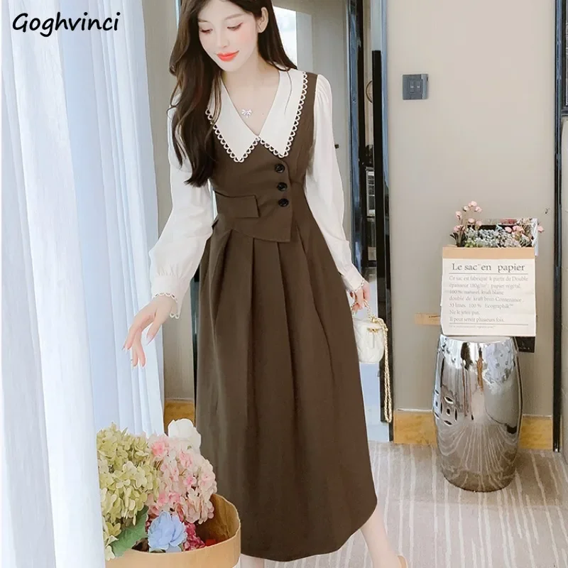 Dresses for Women Long Sleeve Fake 2pcs A-line Defined Waist Elegant Slim Autumn Age-reducing Preppy Style College JK Students