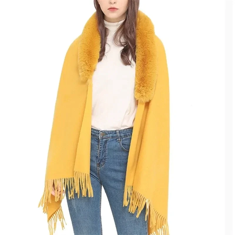 Autumn Imitation Fur Collar Scarf Cape Winter Warm Women Scarf Shawl Dual Purpose Ponchos Lady Capes Cloak Yellow Cardigan