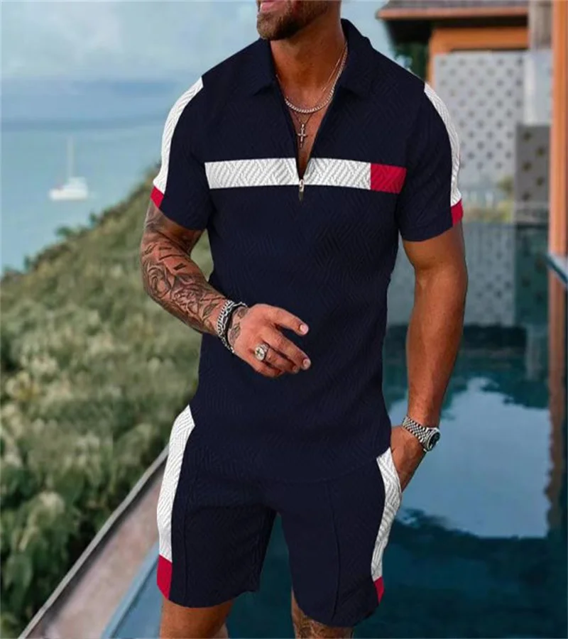 2024 Summer New style Men\'s Striped Digital Printed T-shirt Two-piece Sports Fitness polo Casual Men\'s Suit