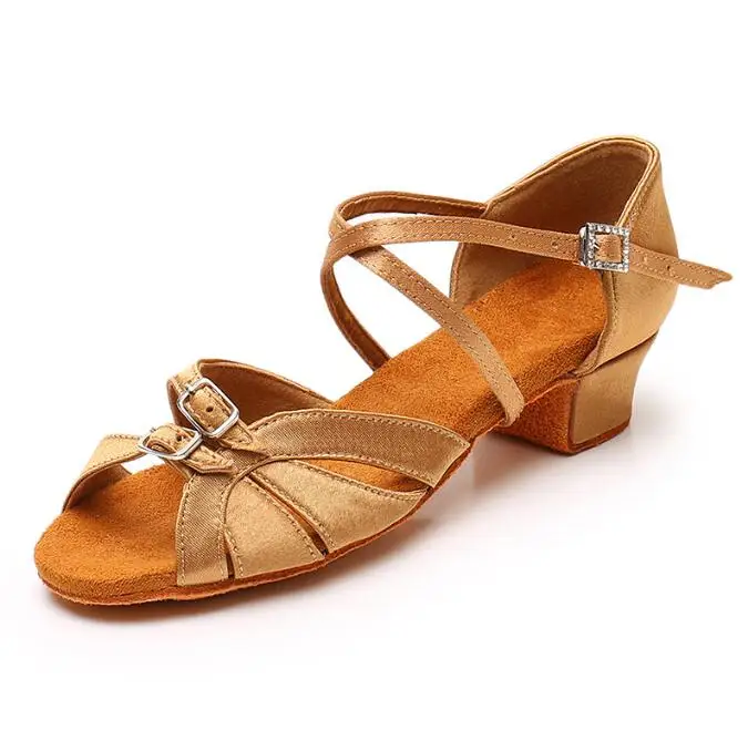 Chaussures de danse pour enfants en cuir PU Satin chaussures de danse à semelles souples et à talons mi-hauts pour femmes chaussures d'entraînement de danse d'été pour débutants