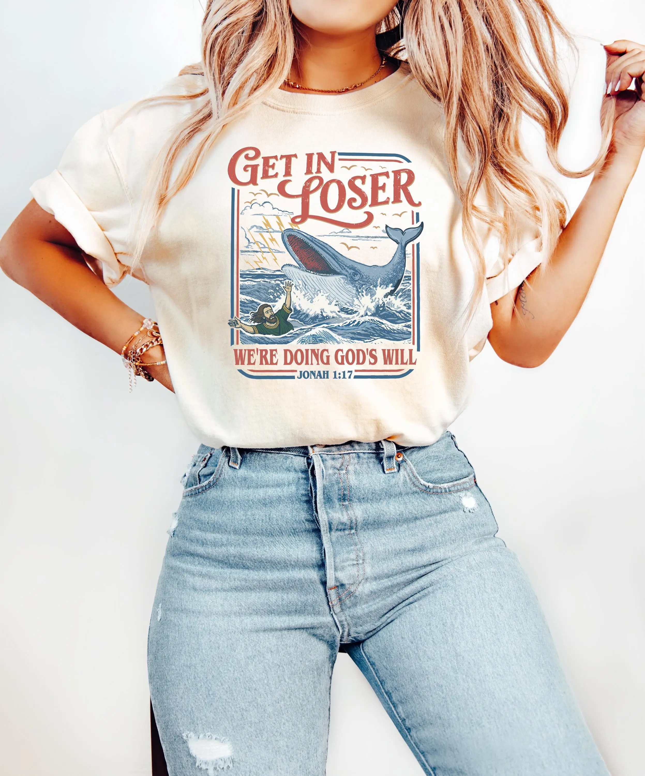 Get in Loser We’re Doing God’s Will Shirt, Funny Christian Bible Tshirt, Retro Jonah and The Whale Tshirt, Bible Verse Gift