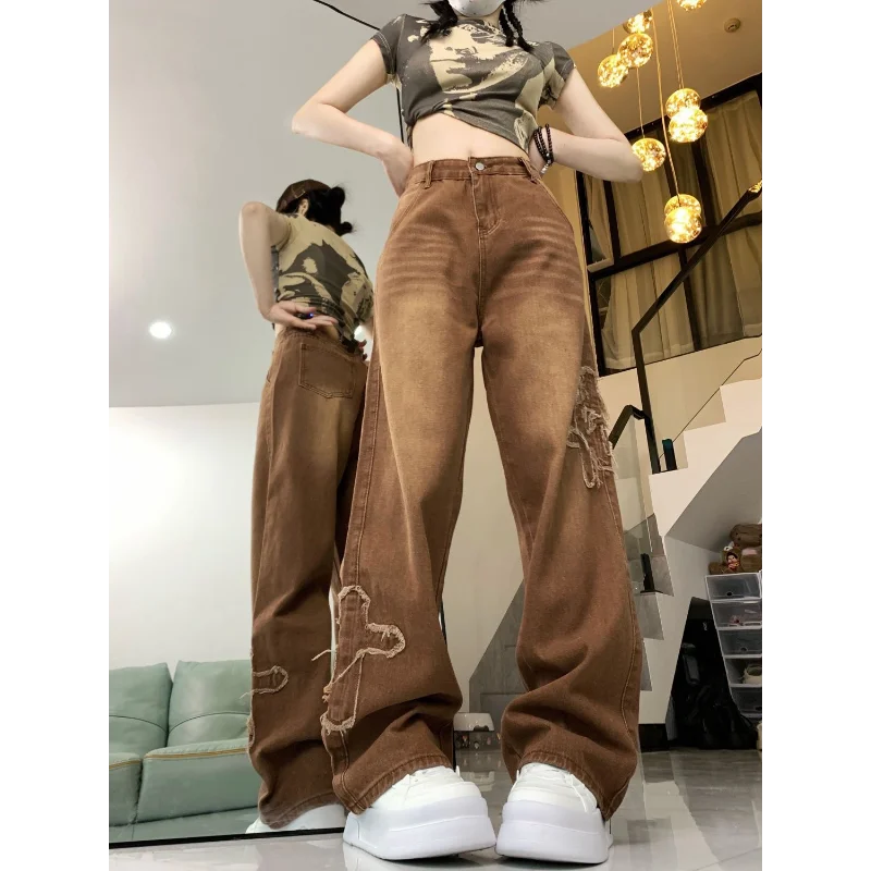 

Персонализированные джинсы с вышитым рисунком, женские популярные джинсы для девочек, новый нишевый дизайн, тонкие свободные широкие брюки с высокой талией