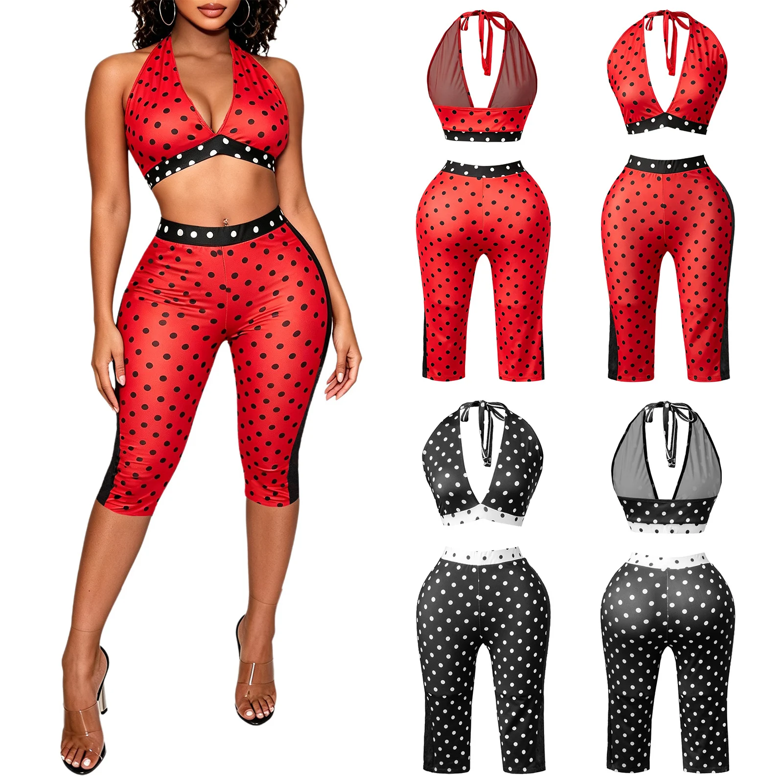 Women's Sexy Outfit Polka Dot Printed Halter Neck Backless Retro Crop Tops with Fifth Pants Beachwear Rave Party Night Clubwear view 5