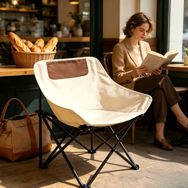Portable Beige Outdoor Folding Chair, Ultra Light Collapsible Seat with Storage Pouch, Ideal for Fishing & Daily Outdoor Use