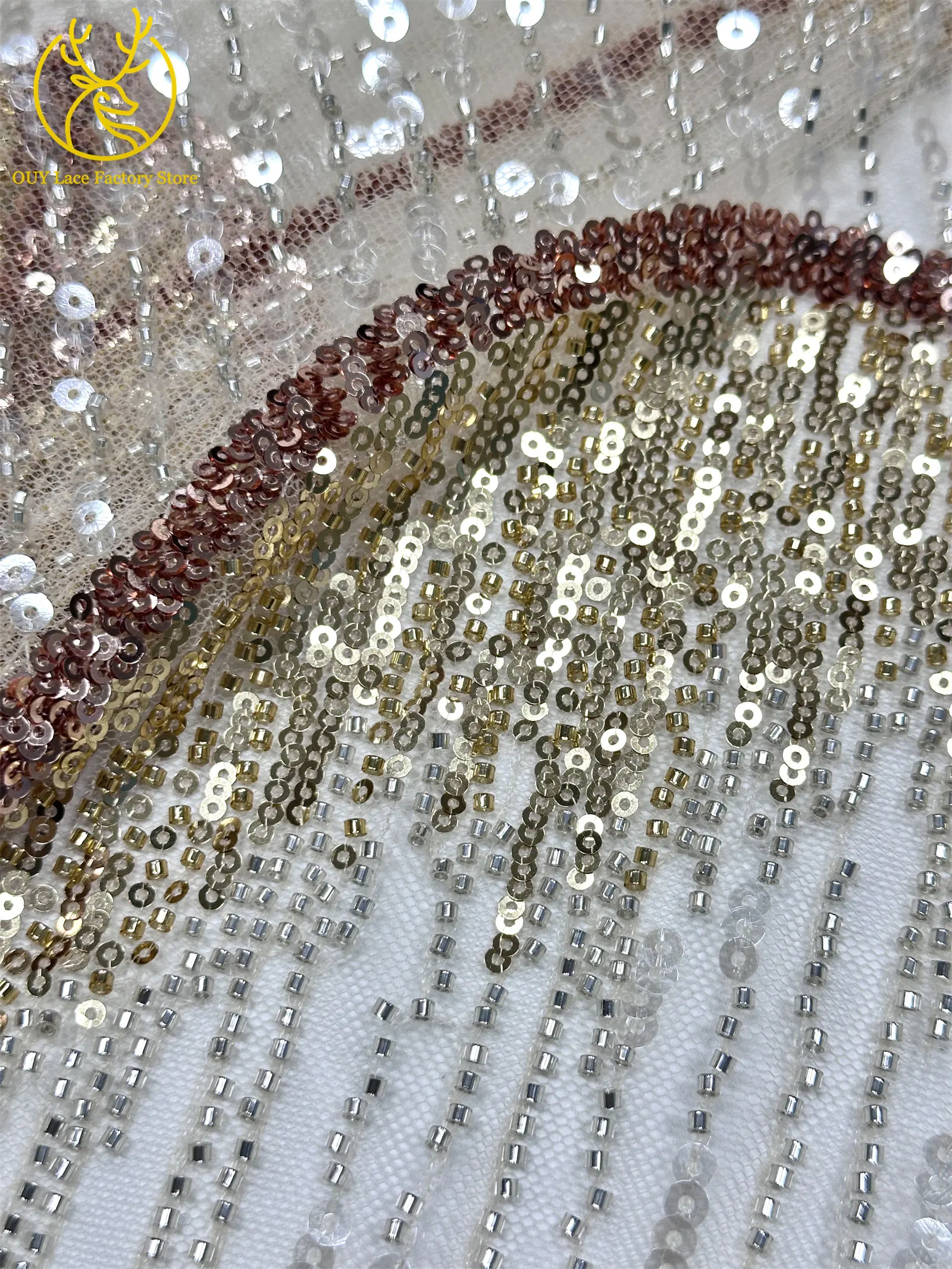 5 Yards afrikanischer Perlen-Pailletten-Spitzenstoff, hochwertiger, exquisiter nigerianischer Tüll-Mesh-Spitzenstoff zum Nähen von Hochzeitskleidern – Detail 17