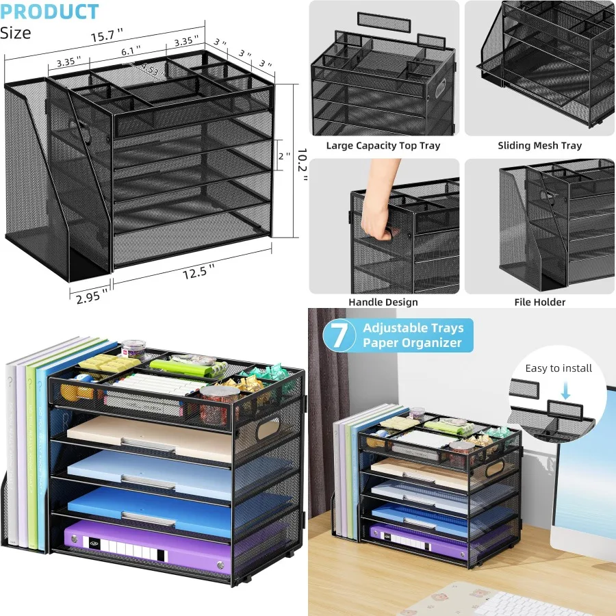 منظم مكتب من 5 طبقات مع مقصورات قابلة للتعديل وحامل ملفات للوازم المكتبية منظم سطح المكتب الشبكي مع حروف ورقية