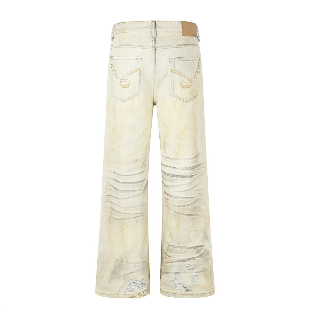 MWJLPWQ Mud-Yellow Dyed Ripped Denim Pants Male Distressed Design Dirty Unique Diagonal Buttons Slight Flare Cut Jeans 20118